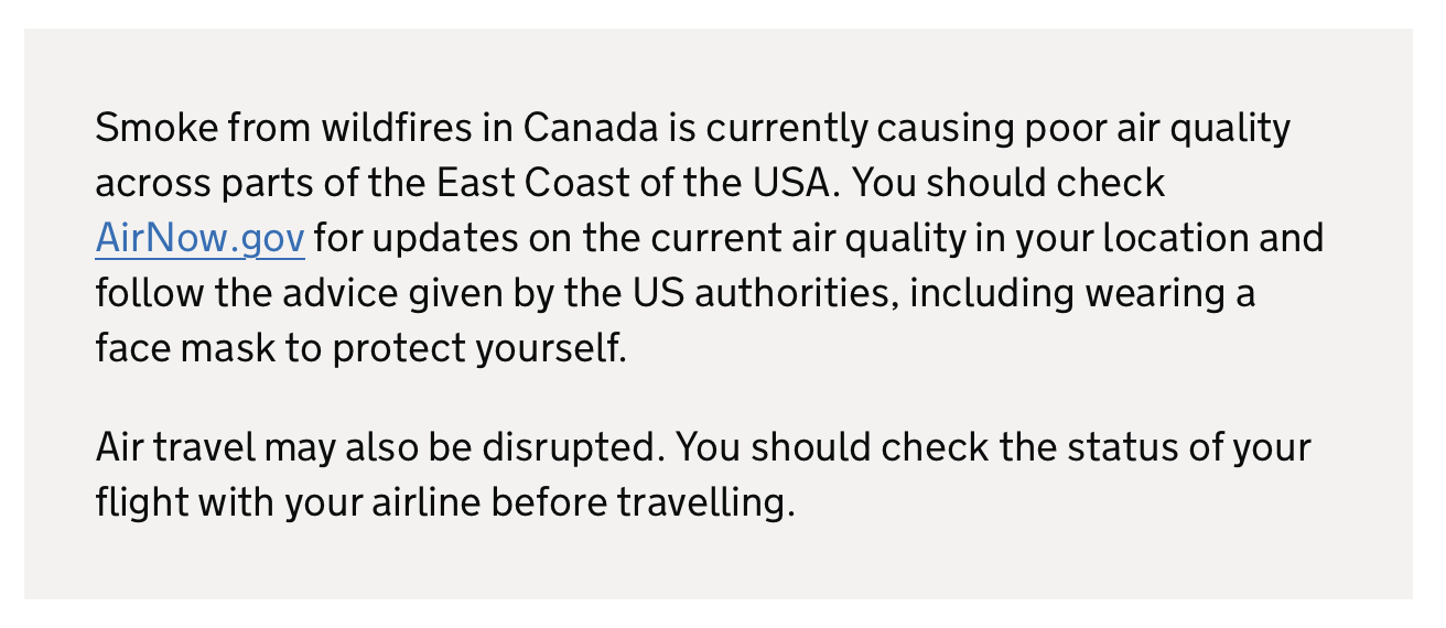 Screenshot of UK Government note on USA Travel Advice page