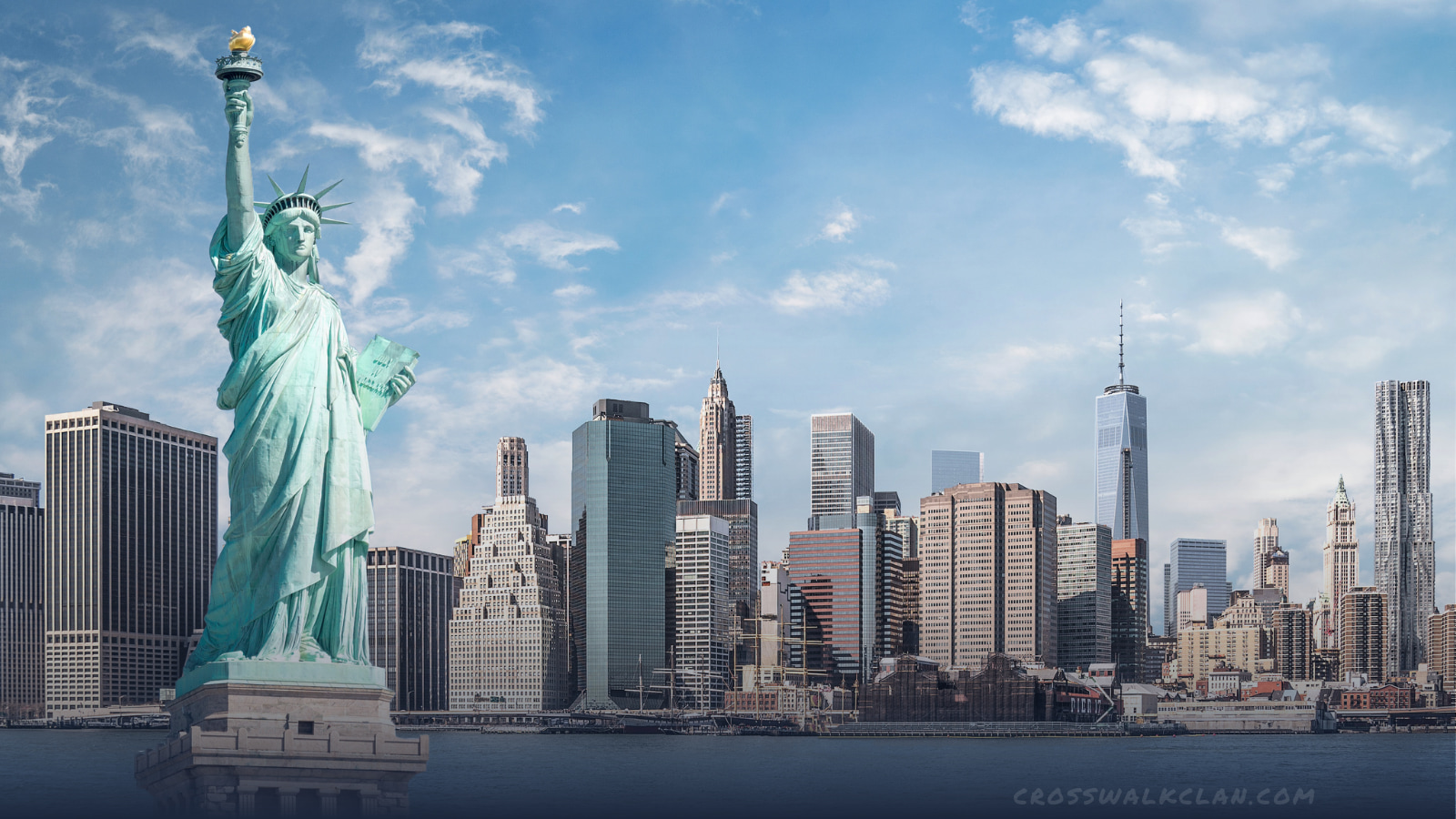 New York skyline above the water on a sunny day 