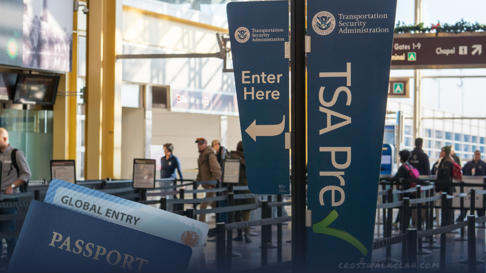 TSA Pre-Check lane area in airport and passport with Global Entry membership card